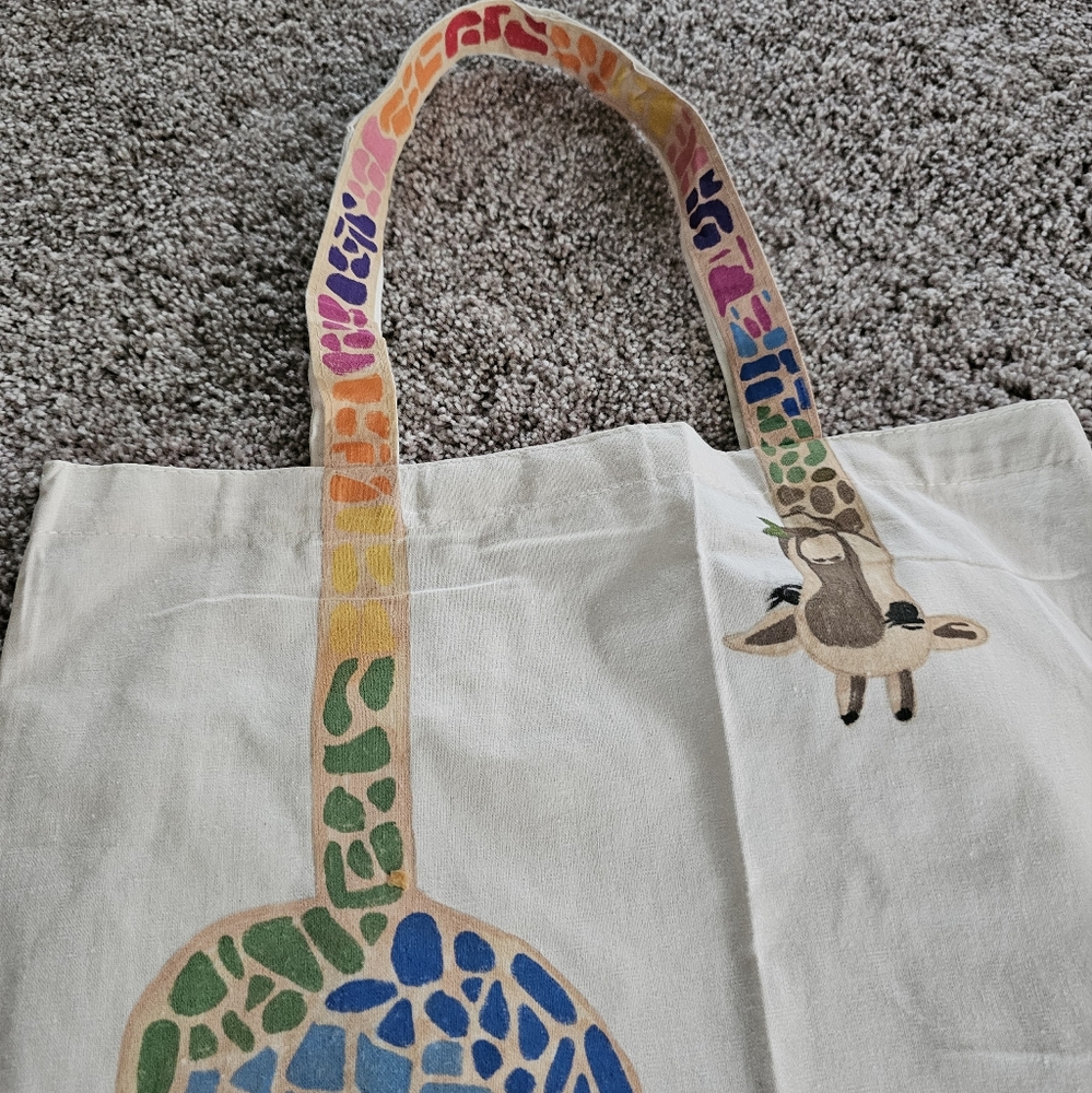 Colorful Giraffe Print Tote Bag Hand Painted - Picture 2 of 2